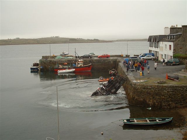 small lorry toppled off quayside into water
lorry upside down