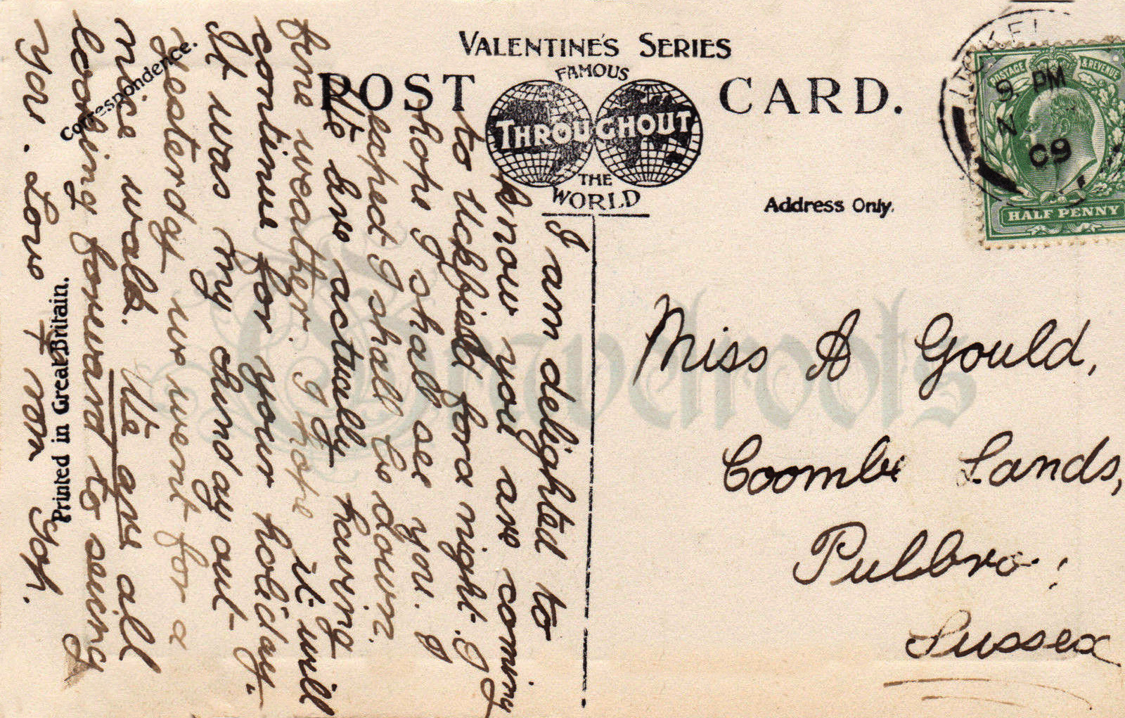  old postcard to Miss A Gould , Sussex - click image to return