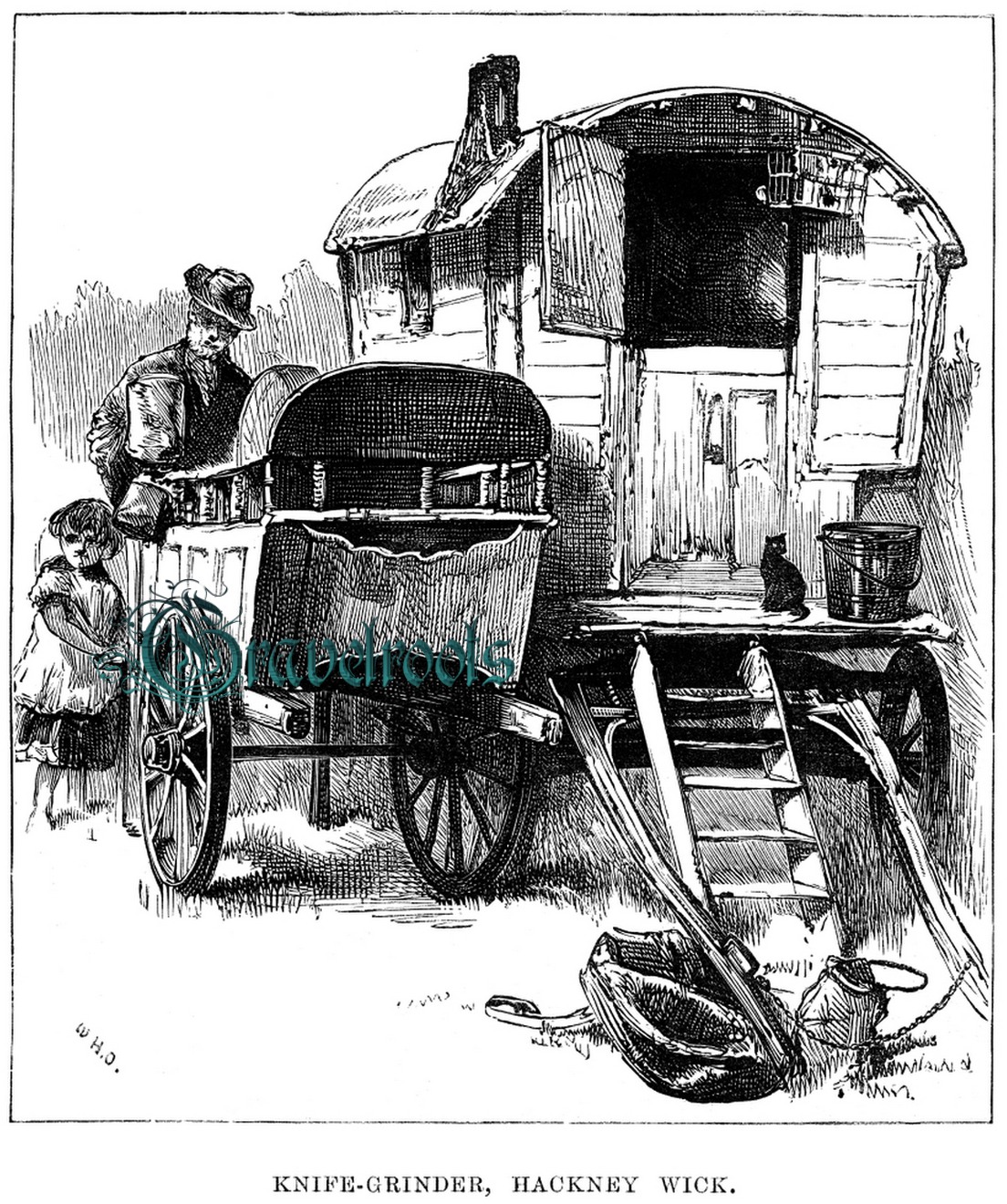 old engraving of Knifegrinder at Gypsy encampment, Hackney Wick, London - click image below to return