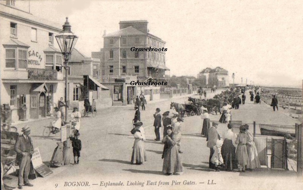 Old photo of Esplanade and Beach Hotel, looking east from Pier Gates Bognor Regis, Sussex - click to return