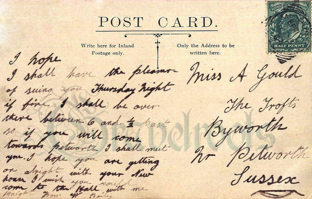 Postcard sent by W Bailey to Miss A Gould, Byworth, Sussex - click to return
