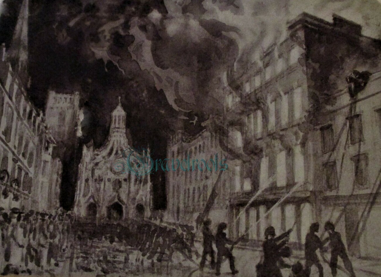  old painting of fire, Edneys, Crosbie, East Street, Chichester, Sussex - click image below to return
