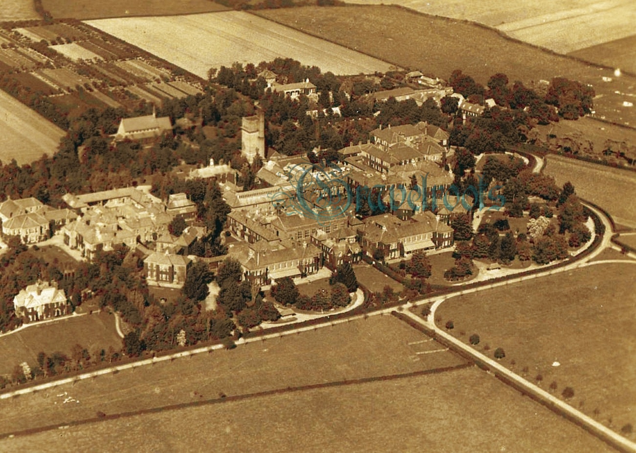  old aerial photo of Graylingwell Hospital, Chichester, Sussex - click image to return