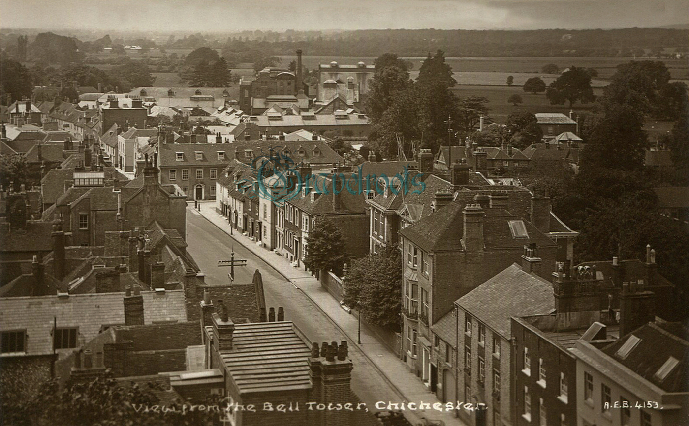  old photo of Looking along West Street from top of Bell Tower, Chichester, Sussex - click image to return