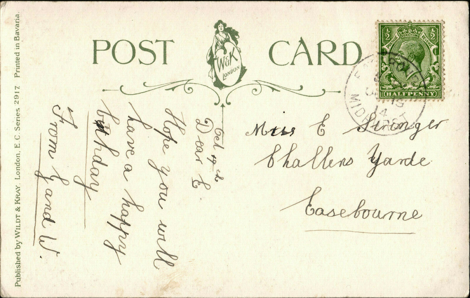  old postcard to Miss E Stringer, Easebourne, Sussex - click image below to return